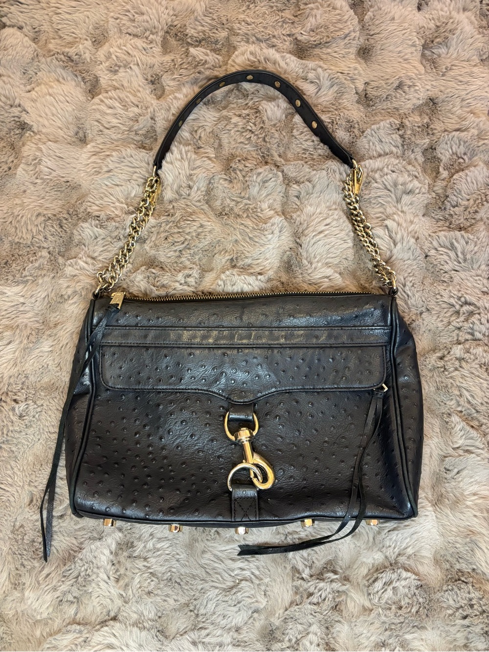 Rebecca Minkoff Black Ostrich Embossed Leather MAC Shoulder Bag Gold Hardware